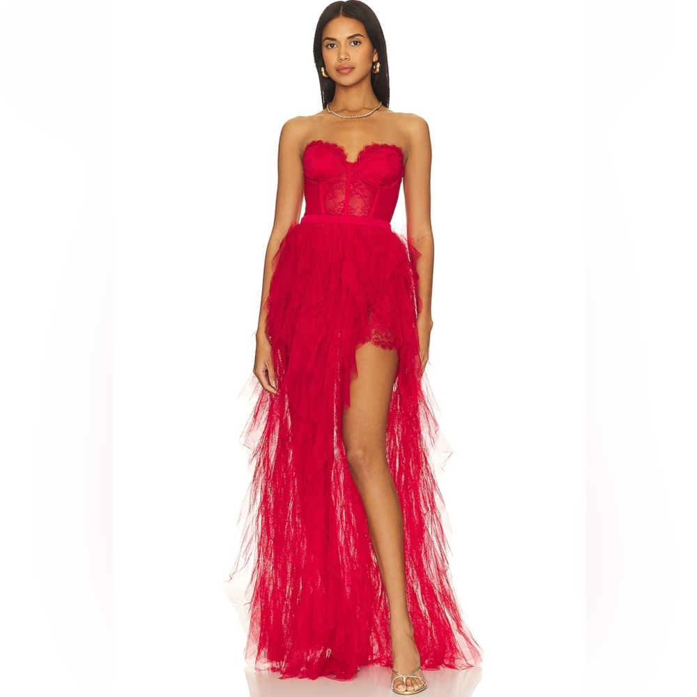For Love & Lemons Red Strapless High-Low Tulle Gown